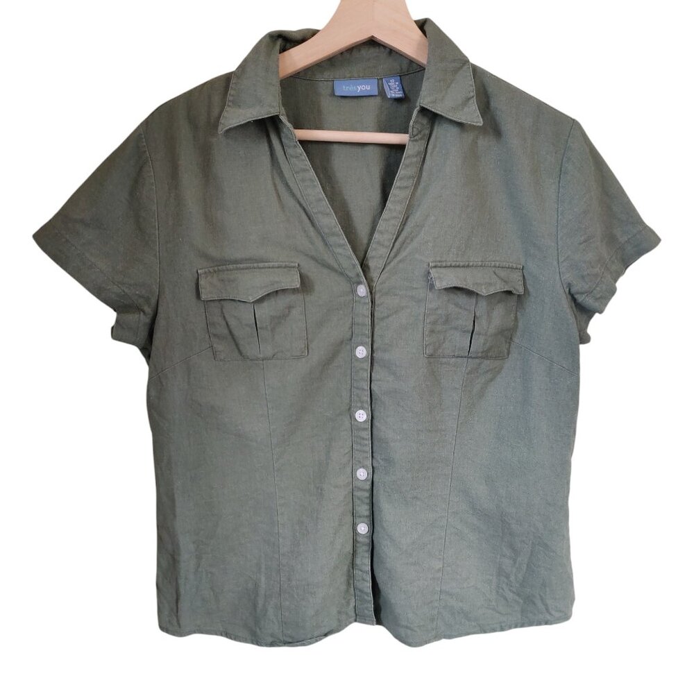 Tres You Green Linen Blend Button-Up Short Sleeve Size 12